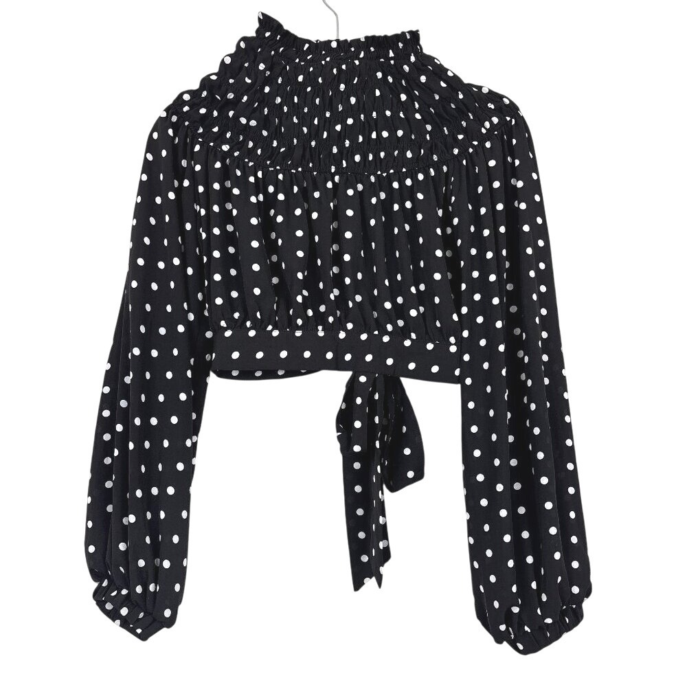 Boohoo Women's Size 6 Black White Polka Dot High Neck Shirred Crop‎ Top